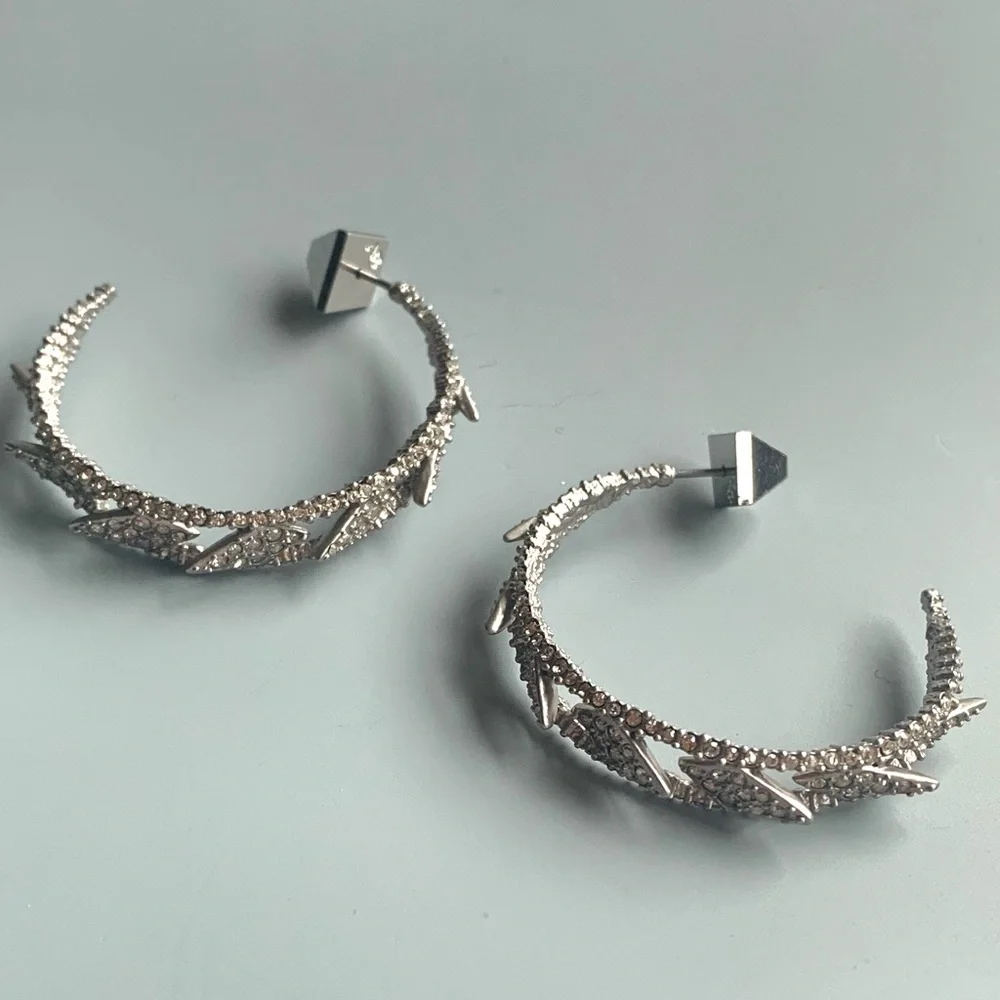 ALEXIS BITTAR • Edgy Crystal Encrusted Spiked Lattice Silver Hoop Earrings